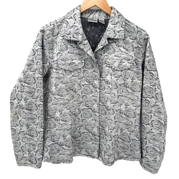 Chico’s Jacket Womens Medium/8 Silver Textured Rose Pattern Button Up Light - Picture 1 of 6
